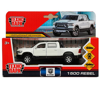Машина Технопарк металл. DODGE RAM 1500 REBEL (13см) двери, багаж, инер, белый в/к RAM1500-13-WH