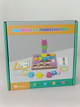 Игра-головоломка из дерева,  логические фигуры с карточками+шнуровка D38379