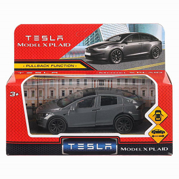 Машина Технопарк металл. Тesla model x plaid серебрянный (12см) двери в/к MODELX-12-GY-WOD