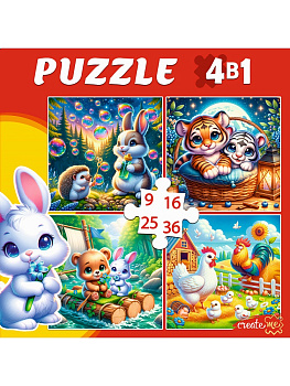 Пазлы 4-в-1 (9,16,25,36эл) Добрые зверята П-3418