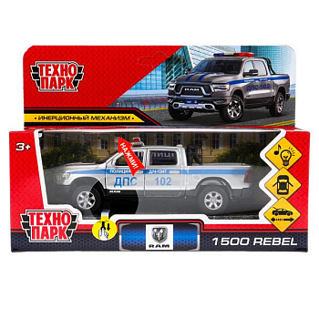 Машина Технопарк металл. Dodge Ram Полиция серебристый (13см) свет,звук, дв,баг,инерц,в/к RAM1500-13