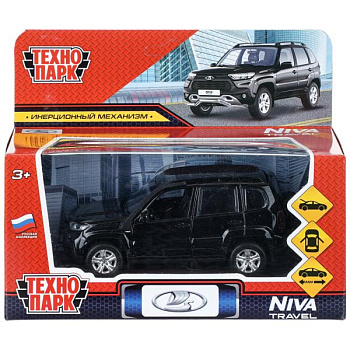 Машина Технопарк металл. LADA NIVA travel (12см) двери, инер,черный металлик в/к  NIVATRAVEL-12-BK-W
